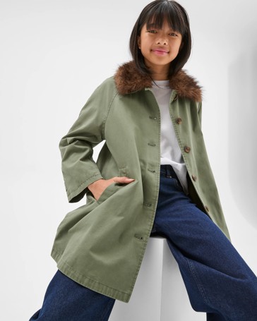 Australian Cotton Faux Fur Collar Long Car Coat