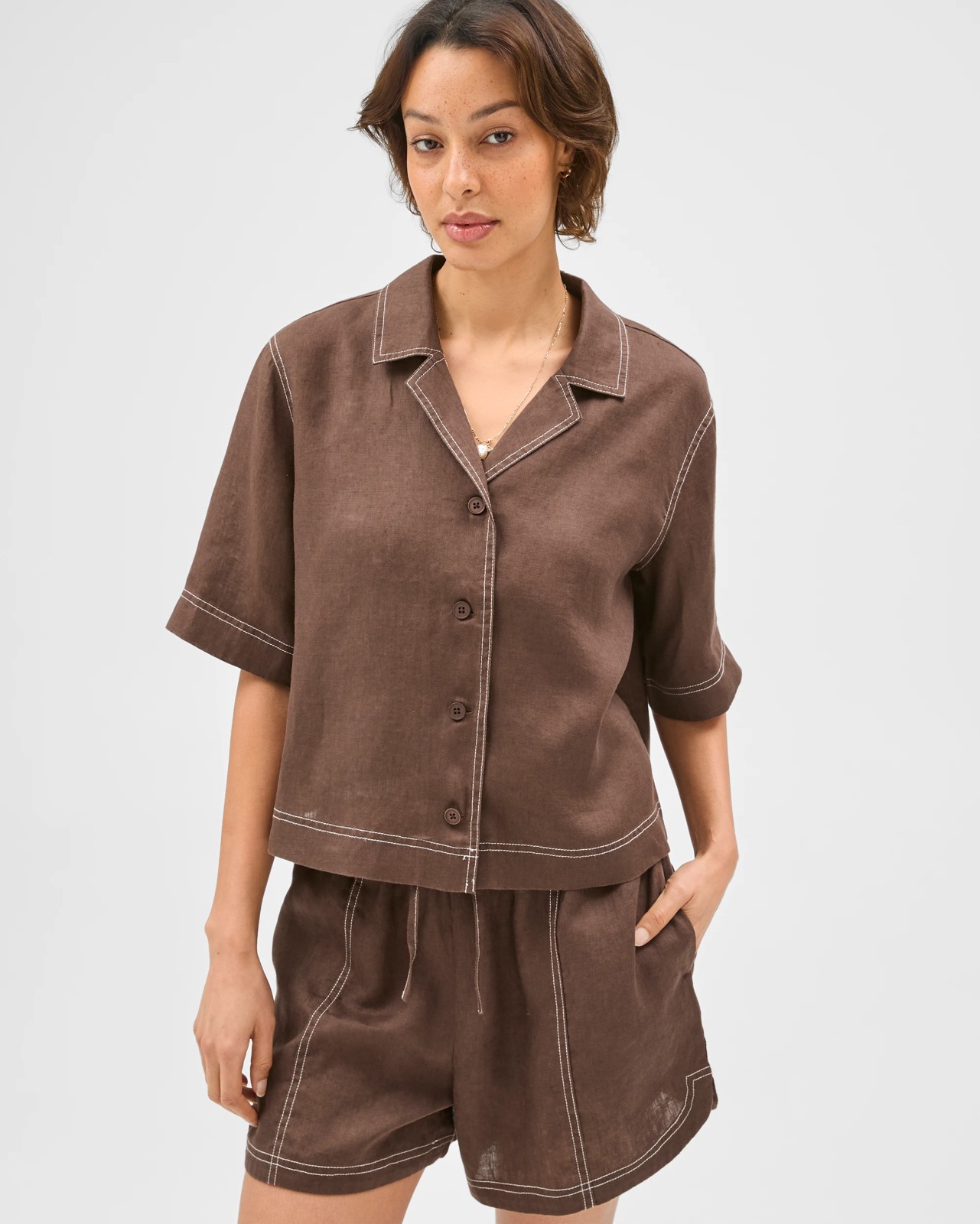 European Linen Short Sleeve Stitch Detail Shirt - Coffee Bean 5 of 5