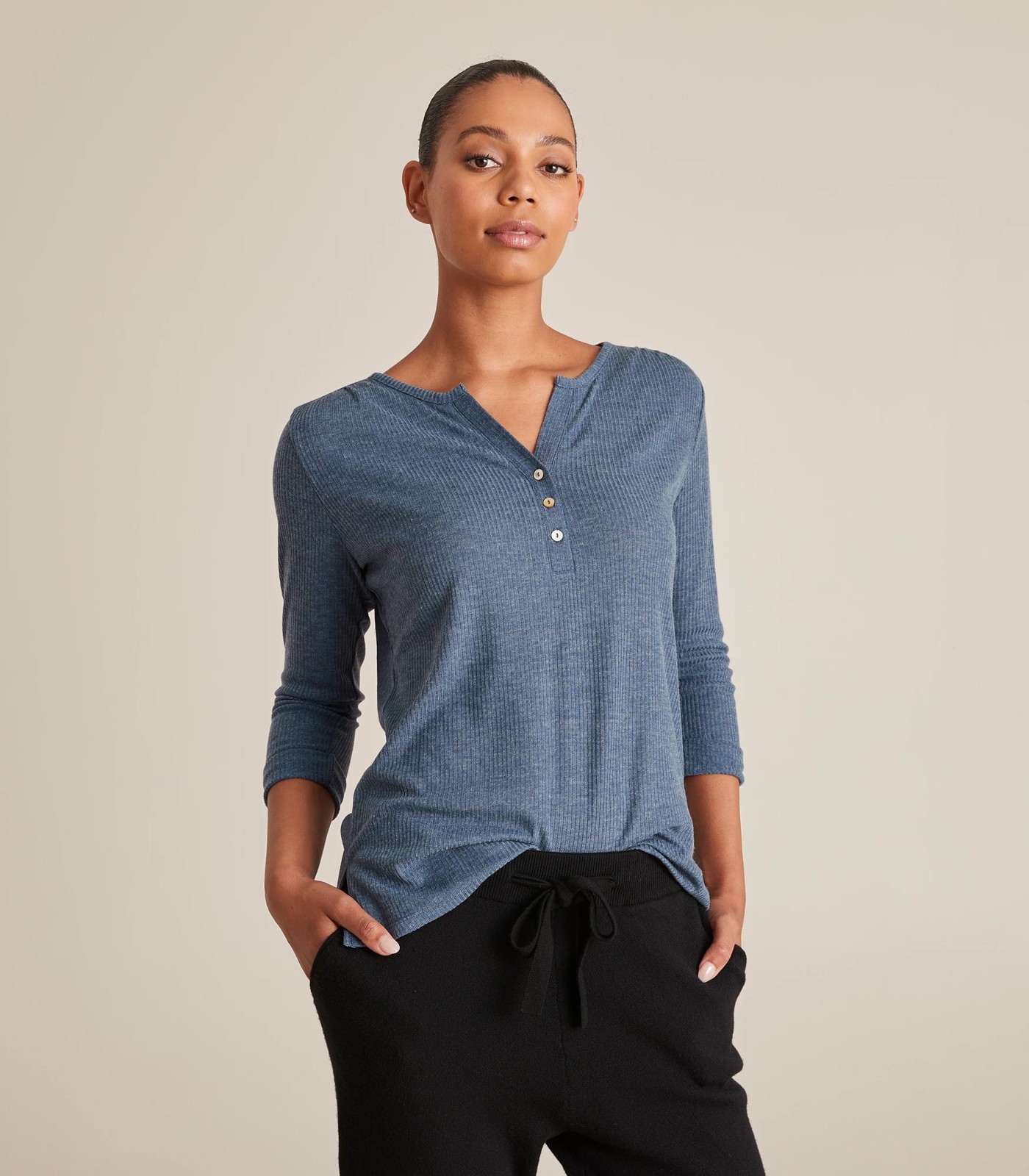 Fitted Long-Sleeve Rib-Knit Henley Top for Women