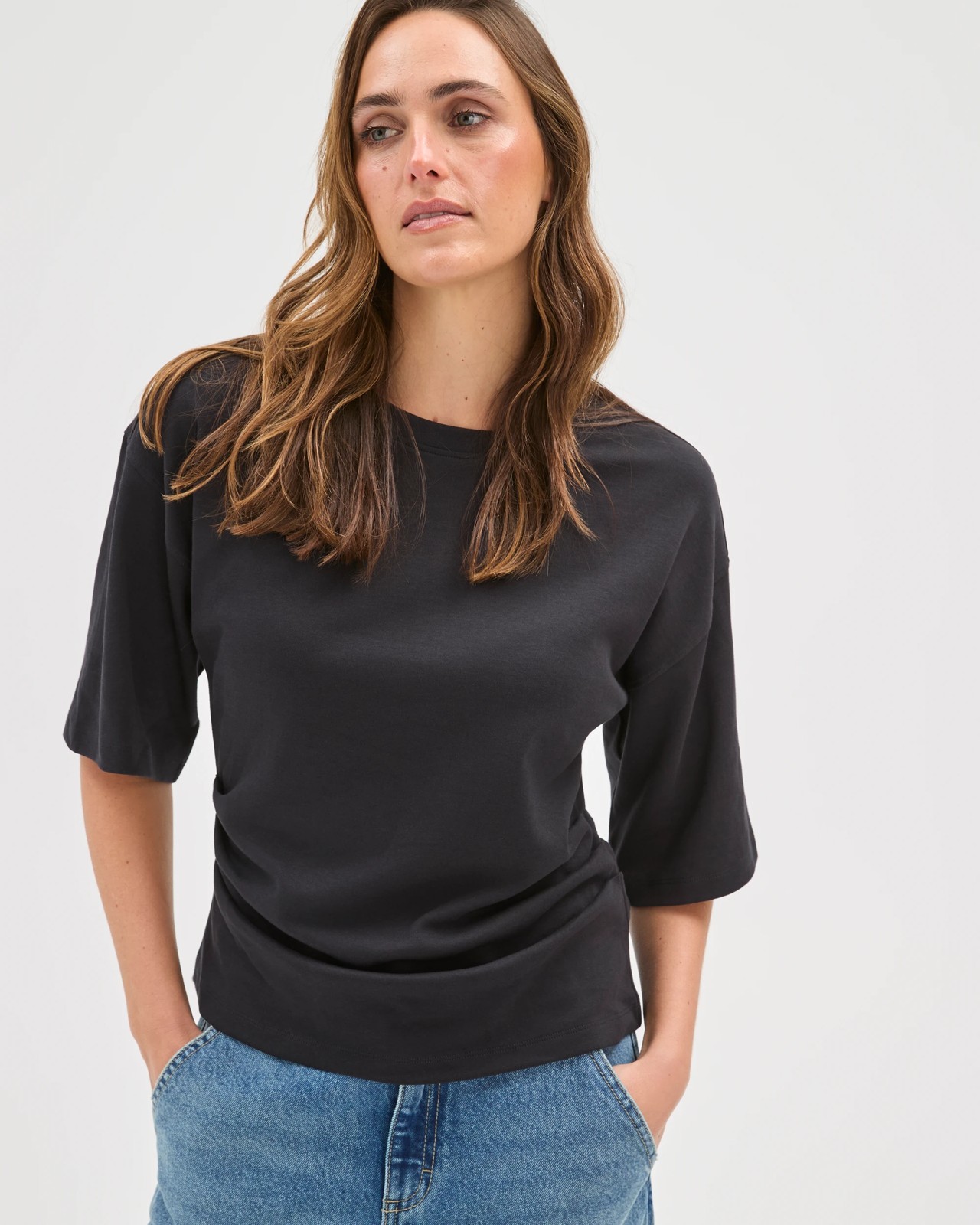 Australian Cotton Gathered Waist T-Shirt - Black 3 of 5