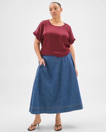 Plus Size Elasticated Waist Denim Midi Skirt