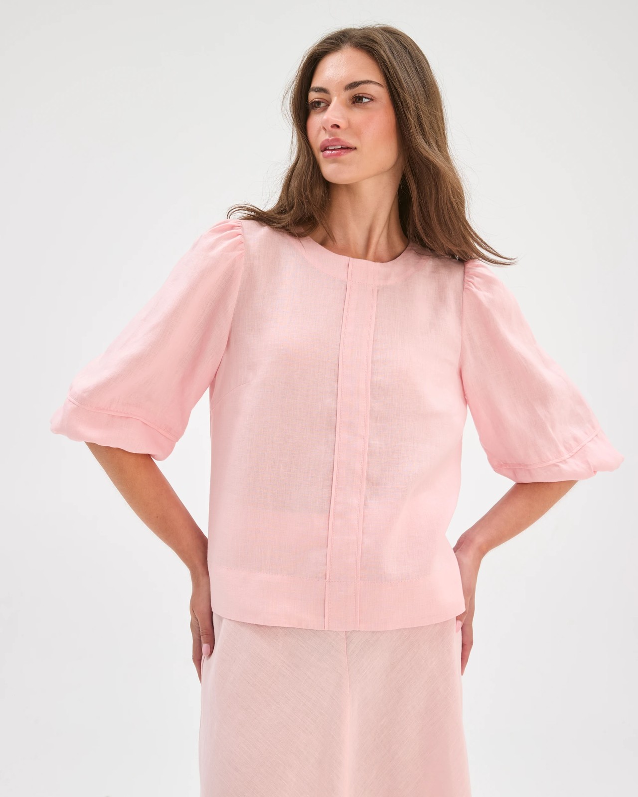 Petites European Linen 3/4 Sleeve Trim Detail Blouse - Pink 2 of 5