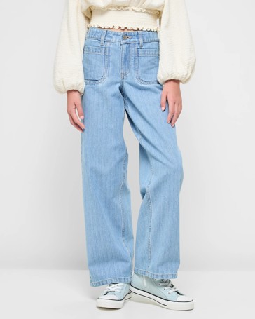 Wide Leg Textured Denim Pull On Pant