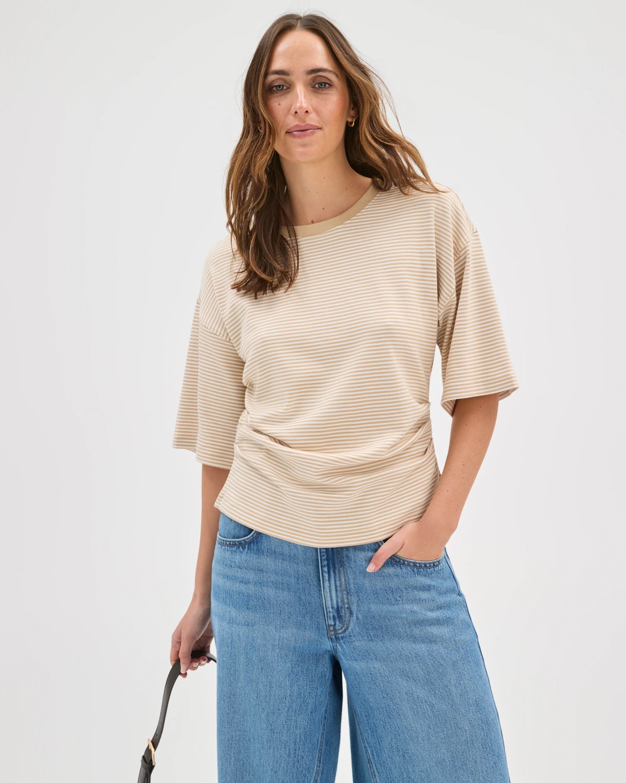 Australian Cotton Gathered Waist T-Shirt - Macchiato Pearl Stripe 2 of 5