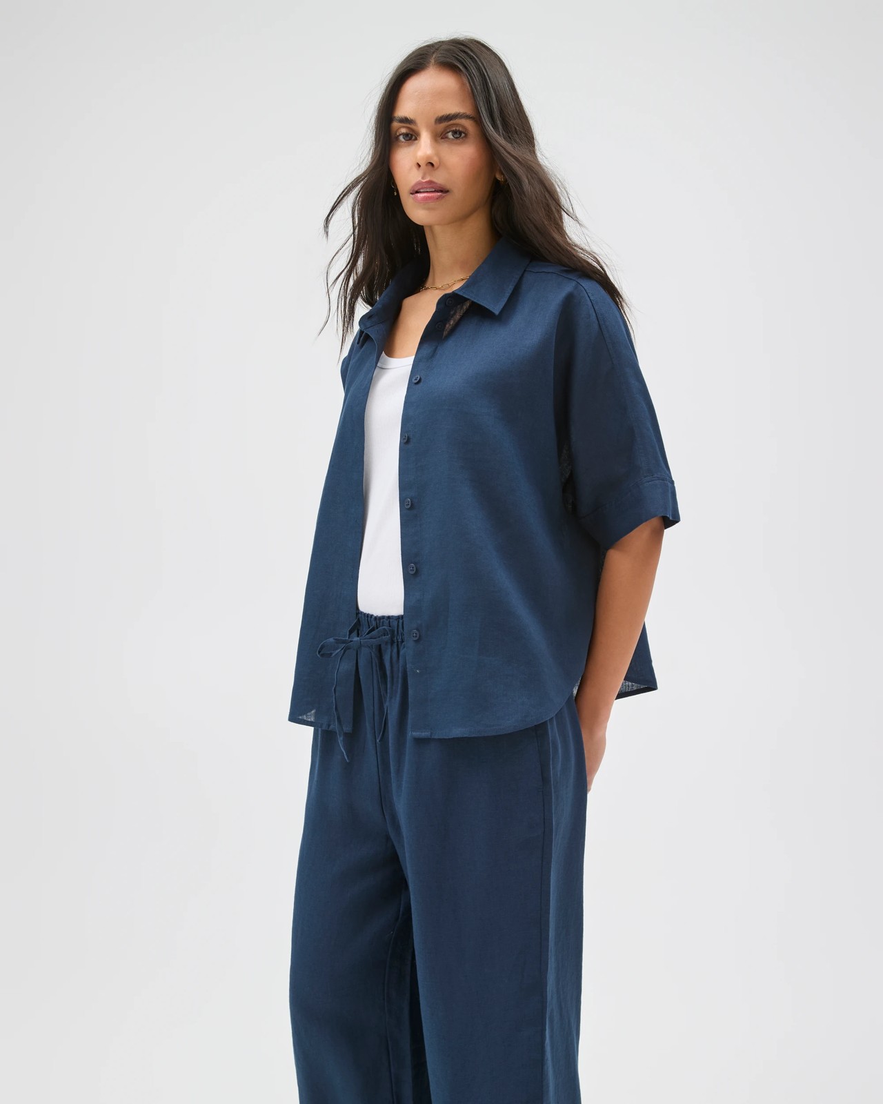 European Linen Wide Leg Pants - Navy Blue 2 of 5