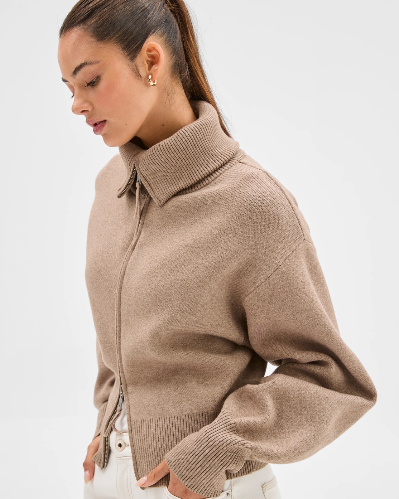 Lily Loves Long Cocoon Sleeve Zip Through Cardigan - Cocoa 5 of 5