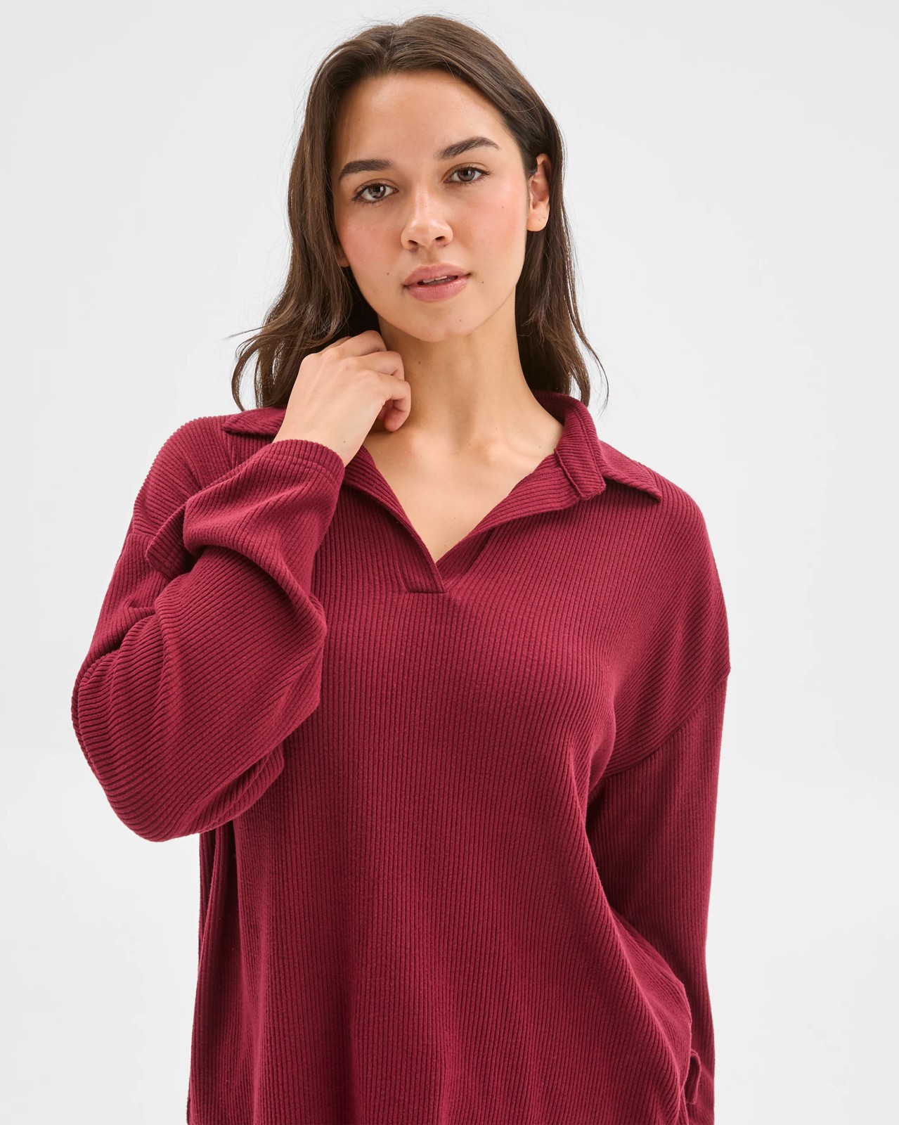 Cosy Rib Notch Collar Top - Burgundy 3 of 6