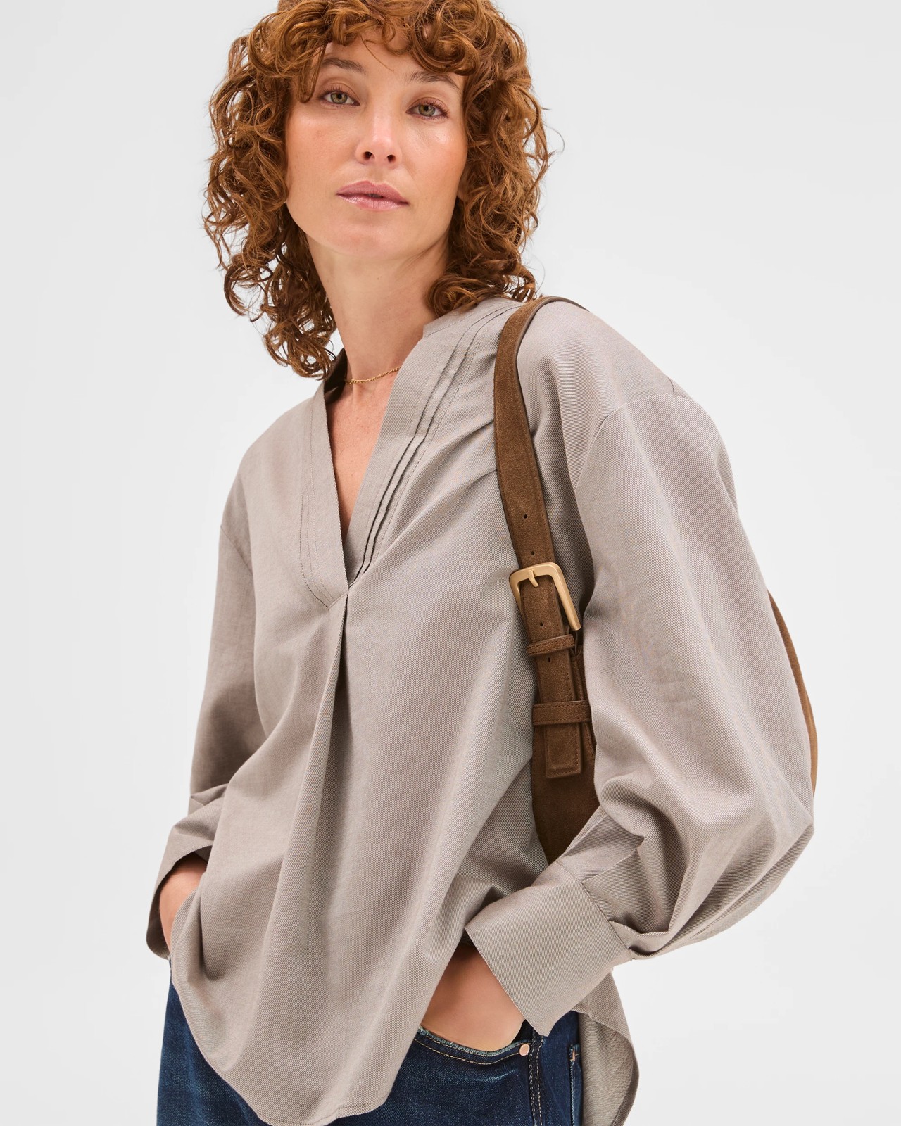 Australian Cotton Tuck Detail Popover Top - Taupe 3 of 6