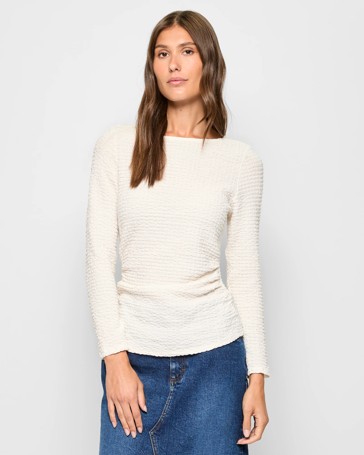 Long Sleeve Crinkle Texture Boat Neck Top