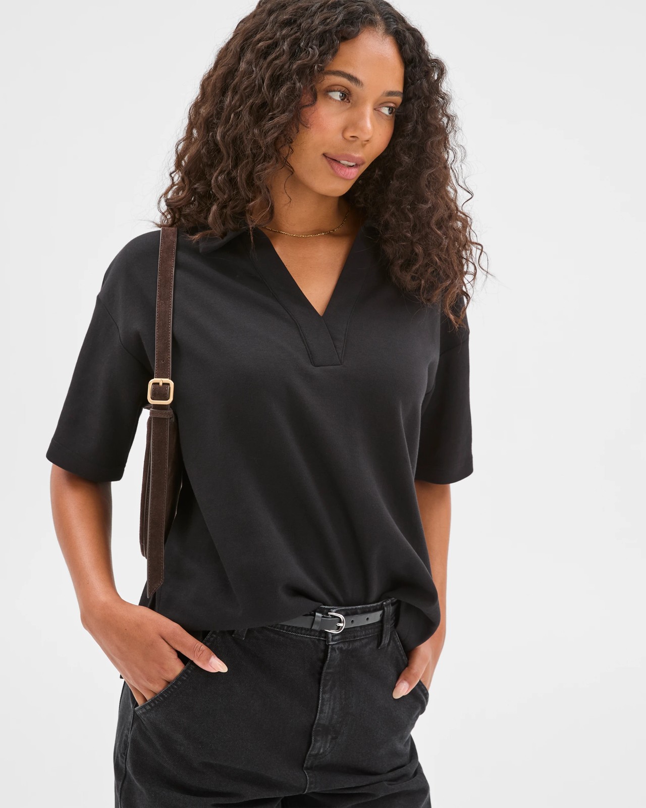Australian Cotton Blend Interlock Polo Neck T-Shirt - Black 4 of 5