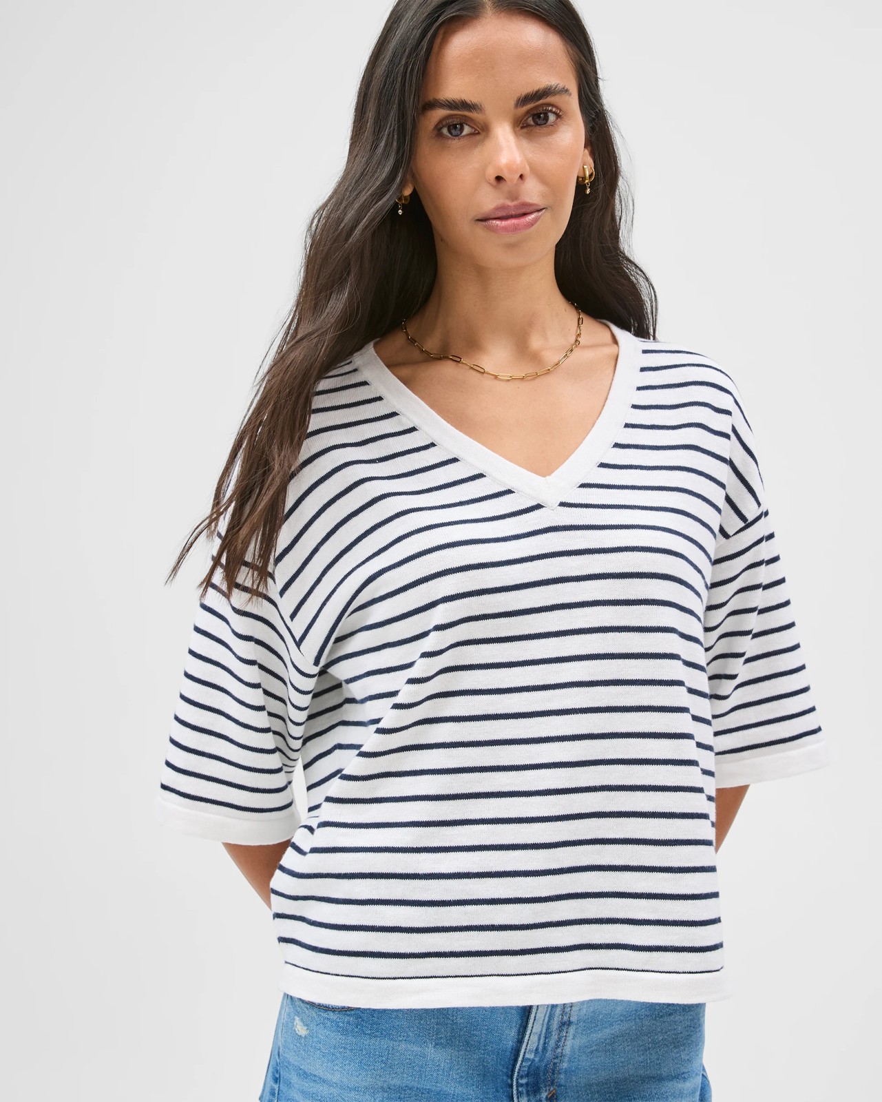 Australian Cotton Blend Boxy V-Neck Knitted T-Shirt - Ink Navy White Stripe 5 of 5