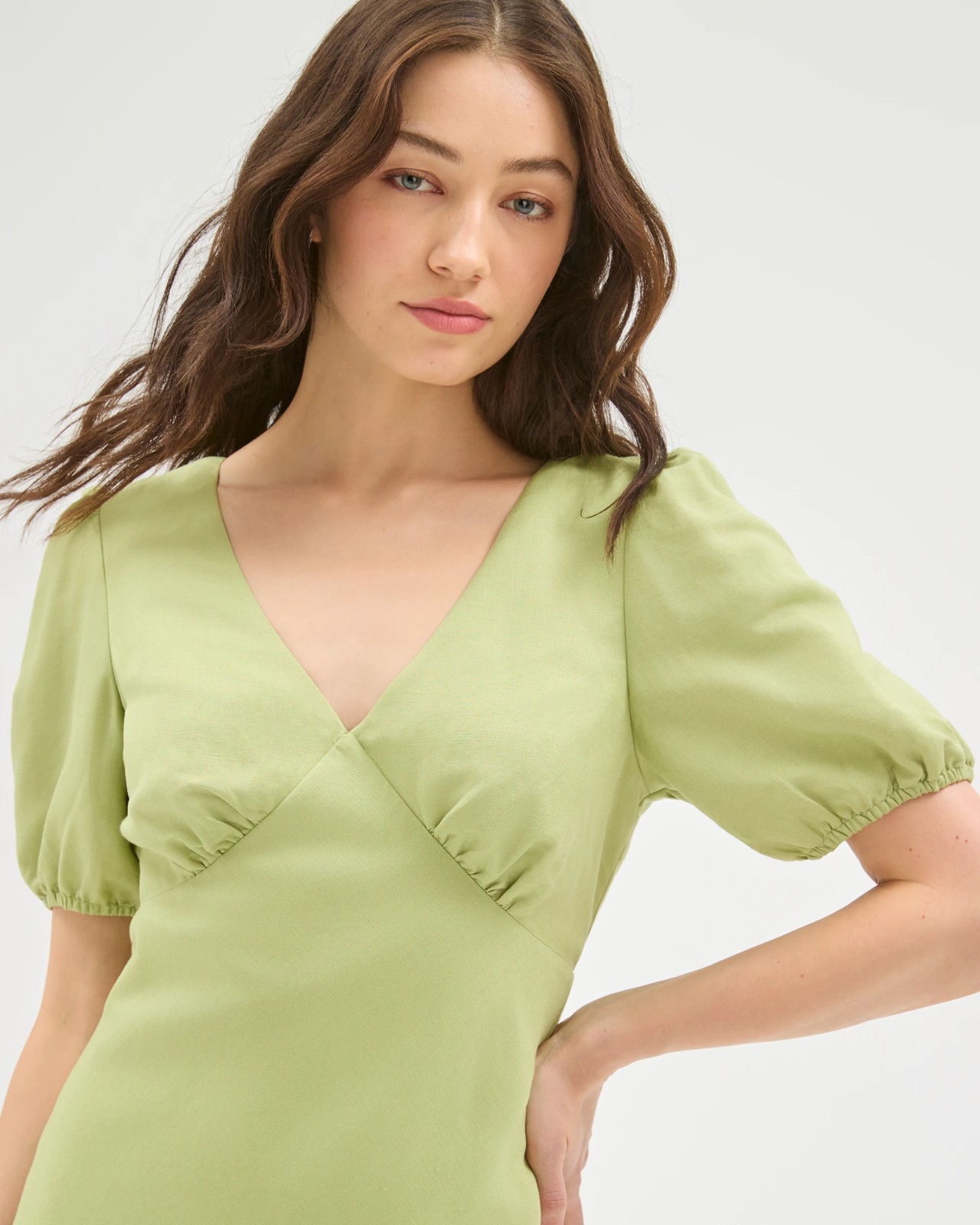 Lily Loves European Linen Blend Puff Sleeve Midi Dress - Matcha Green 3 of 5