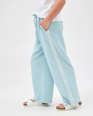 Australian Cotton Blend Textured Side Taped Wide Leg Knit Pants