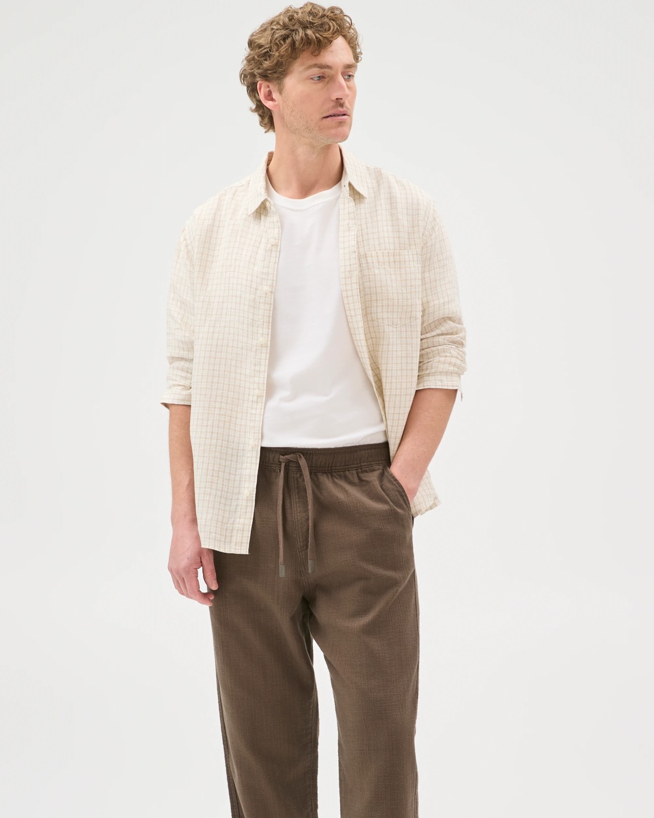 Australian Cotton Elastic Waistband Relaxed Textured Pants - Truffle 6 of 6