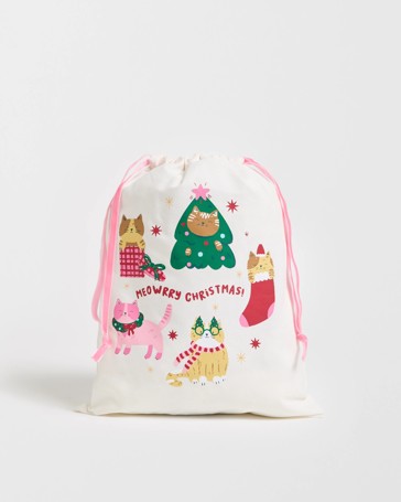 Cotton Meowerry Christmas Drawstring Bag
