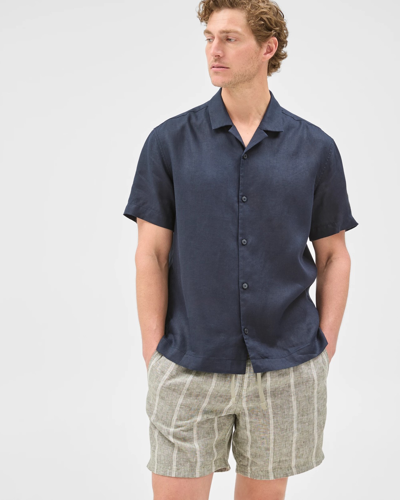 European Linen Elastic Waist Striped Shorts - Forest Fog 2 of 6
