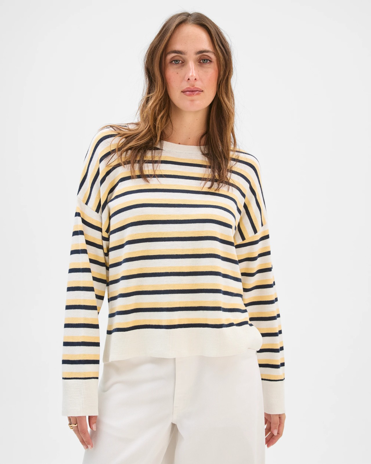Australian Cotton Blend Long Sleeve Knit Jumper - Ink/Cloud/Lemon 3 of 5