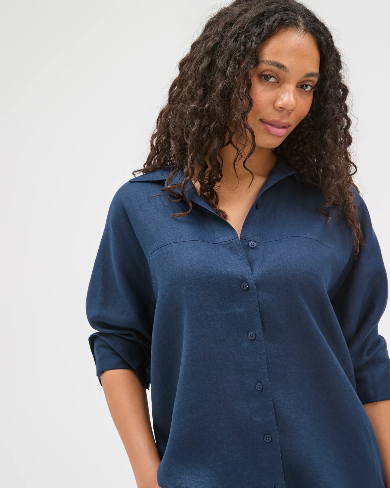 European Linen Long Sleeve Shirt - Navy Blue 4 of 6