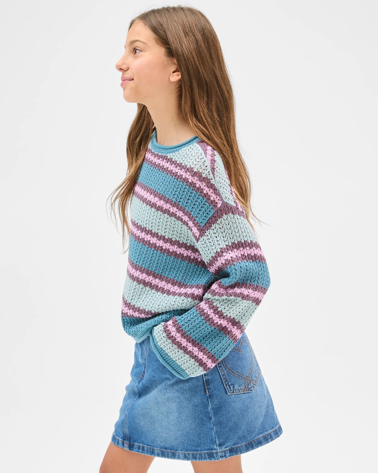 Australian Cotton Crochet Knit Jumper - Stripe Blue 3 of 6