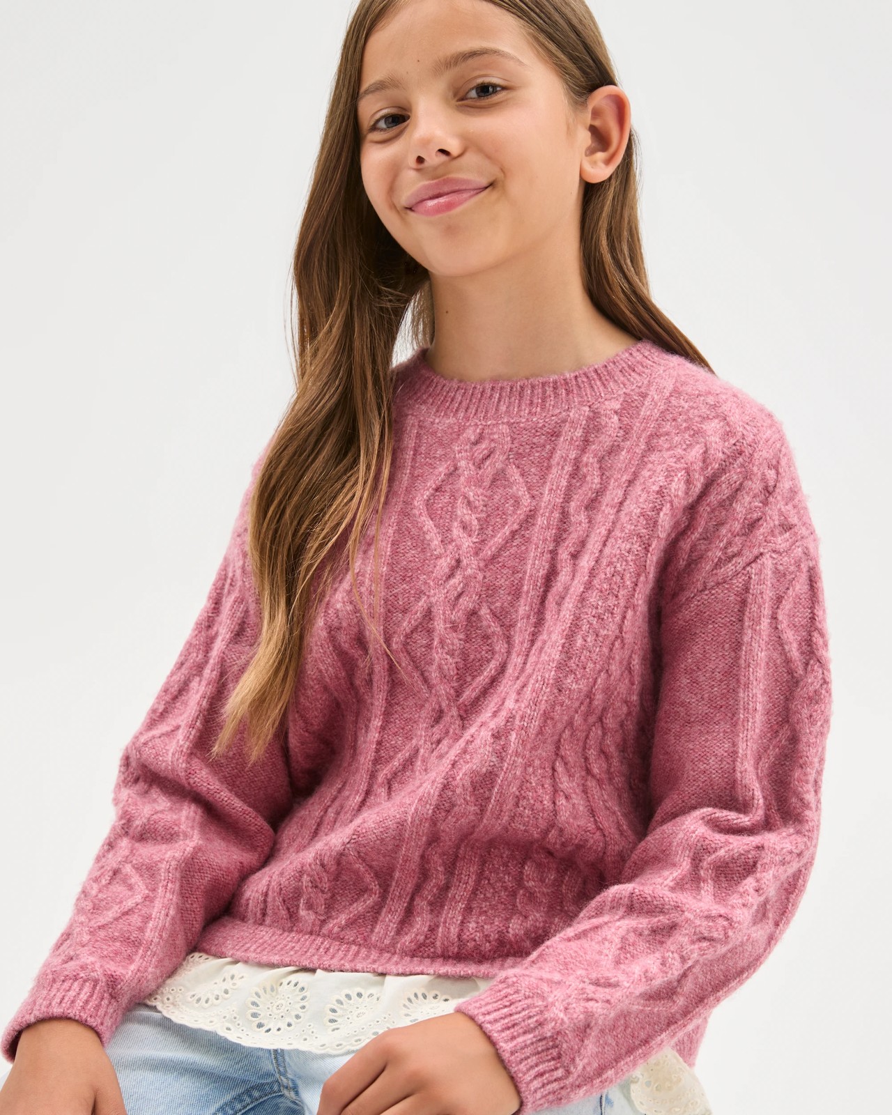 Cable Knit Lace Hem Sweater - Pink 3 of 5