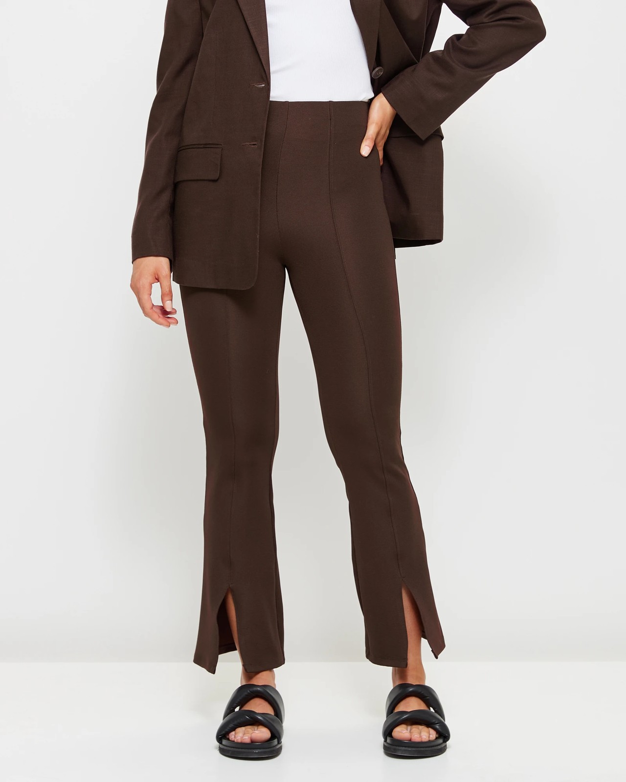 High Waisted Hook On Side Split Fitted Flare Trouser Brown I Lily Lulu