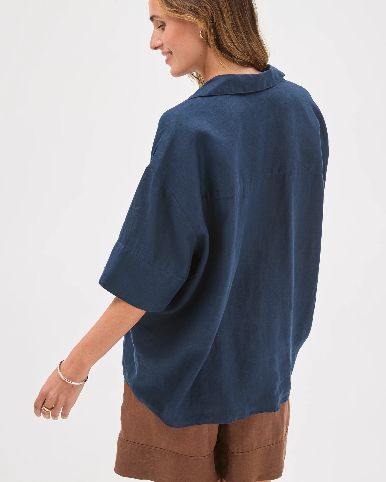 European Linen Elbow Sleeve Cocoon Popover Shirt - Navy 6 of 6