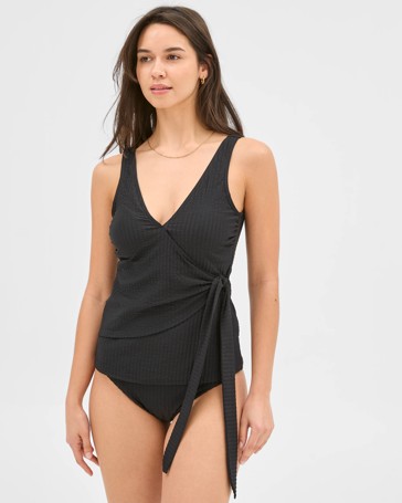 Seersucker Plunge Wrap Tankini Swim Top - Shape Your Body