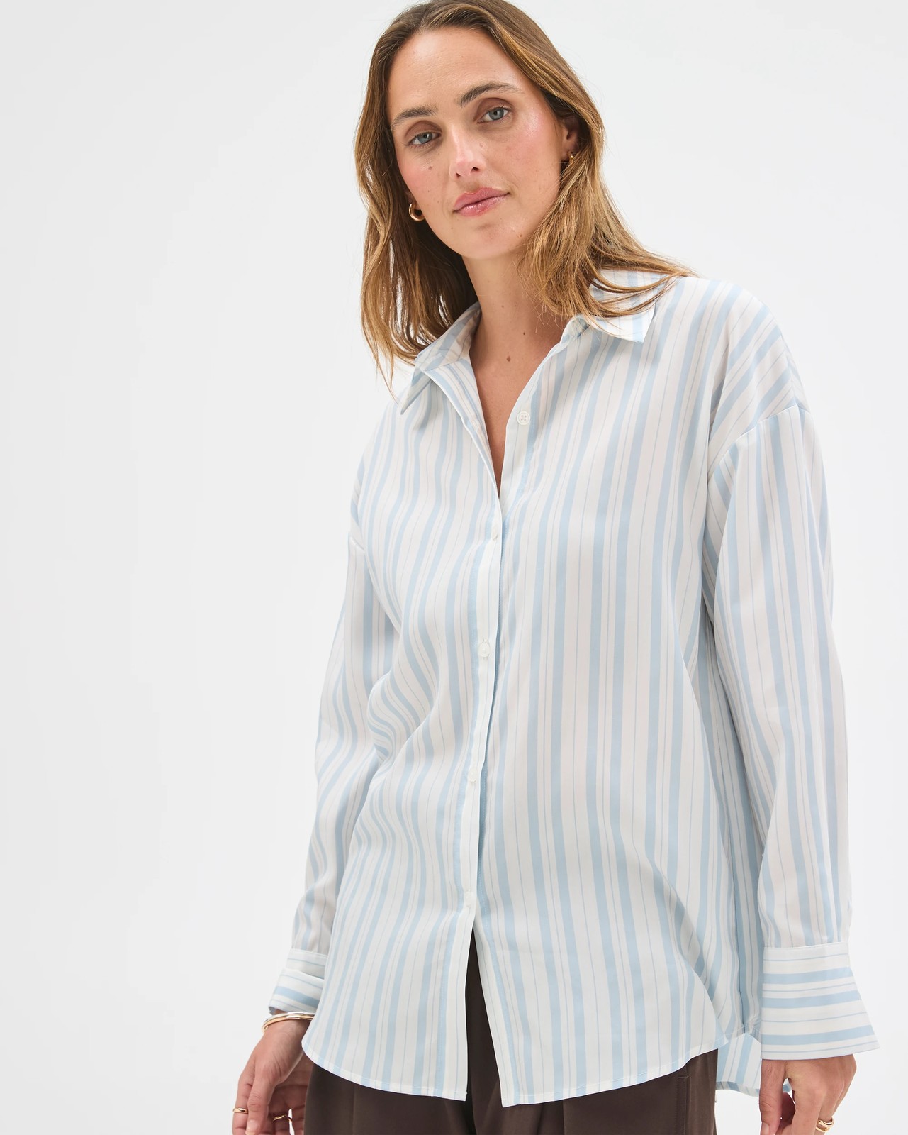 Preview Lyocell Long Sleeve Back Detail Shirt - Dusty Blue Stripe 4 of 5
