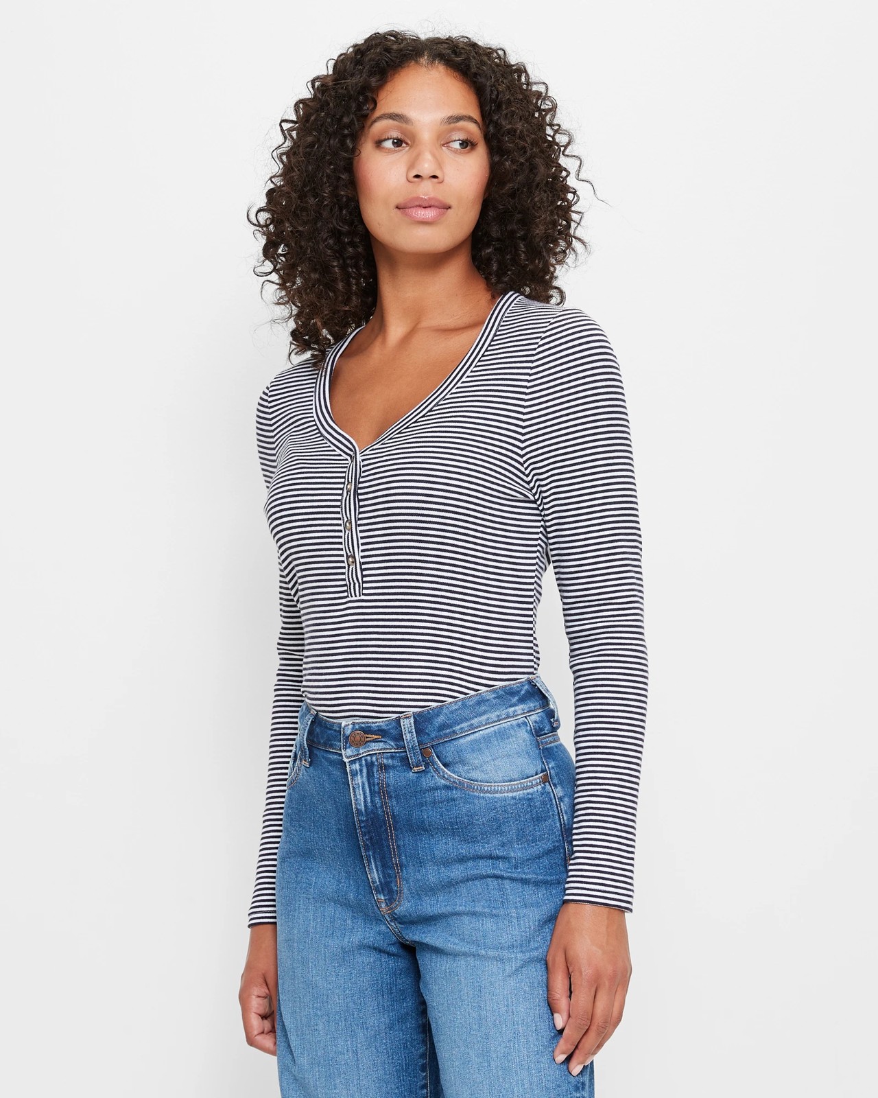 Australian Cotton Long Sleeve Rib Henley T-Shirt - Navy / White Stripe