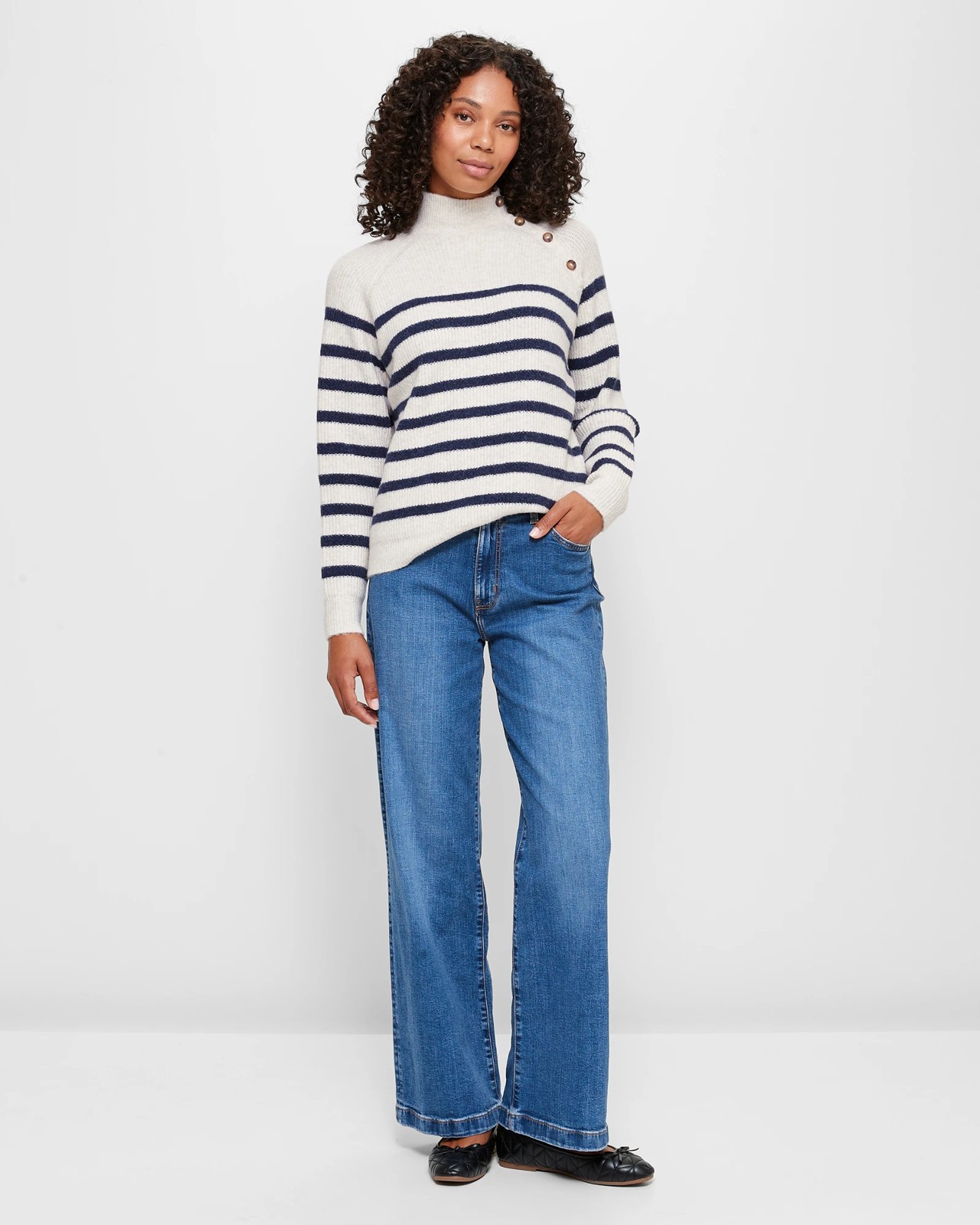 Super Soft Button Neck Jumper - White/Navy Stripe | Target Australia