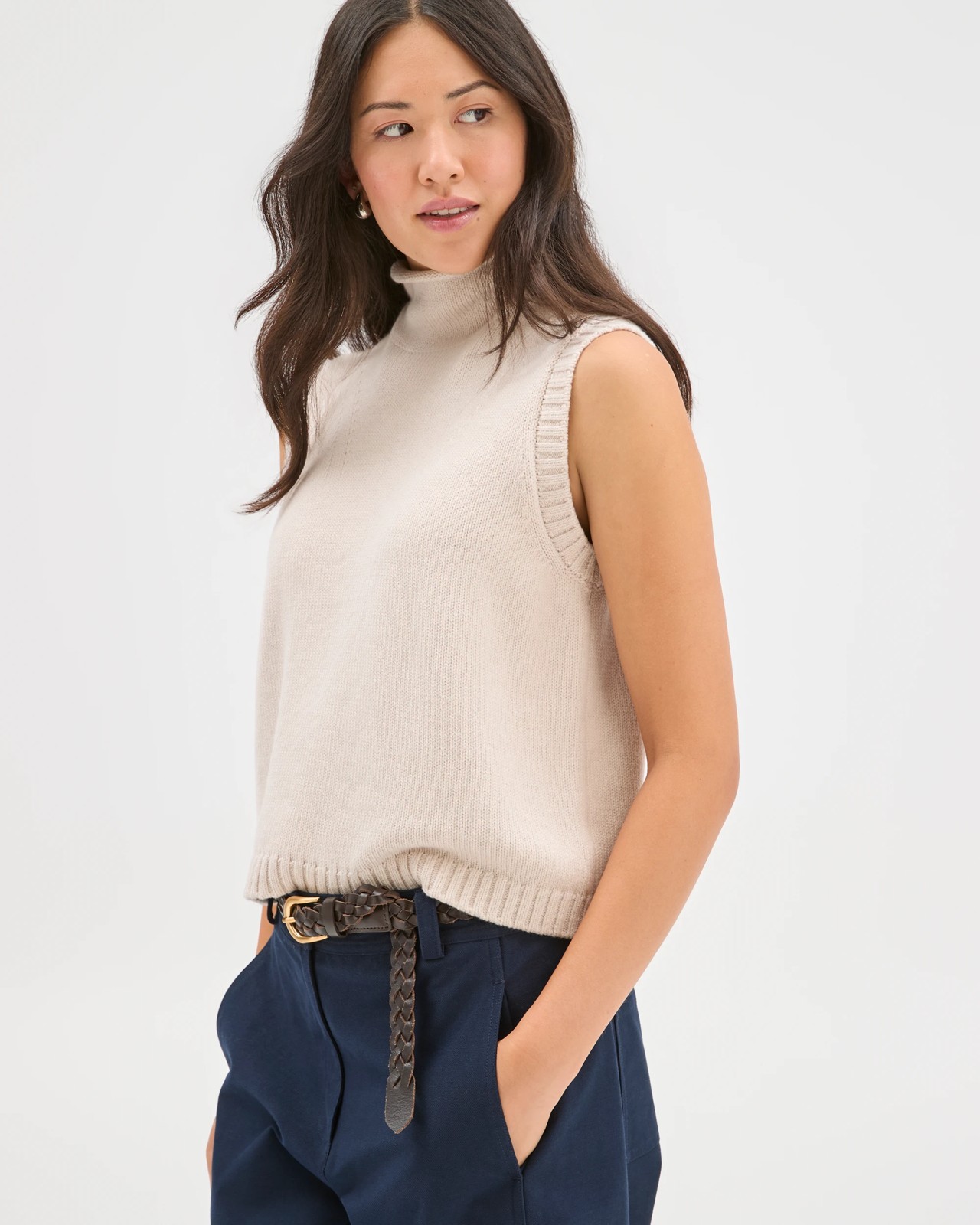 Australian Cotton Blend High Neck Long Sleeveless Vest - Grey Marle 5 of 5