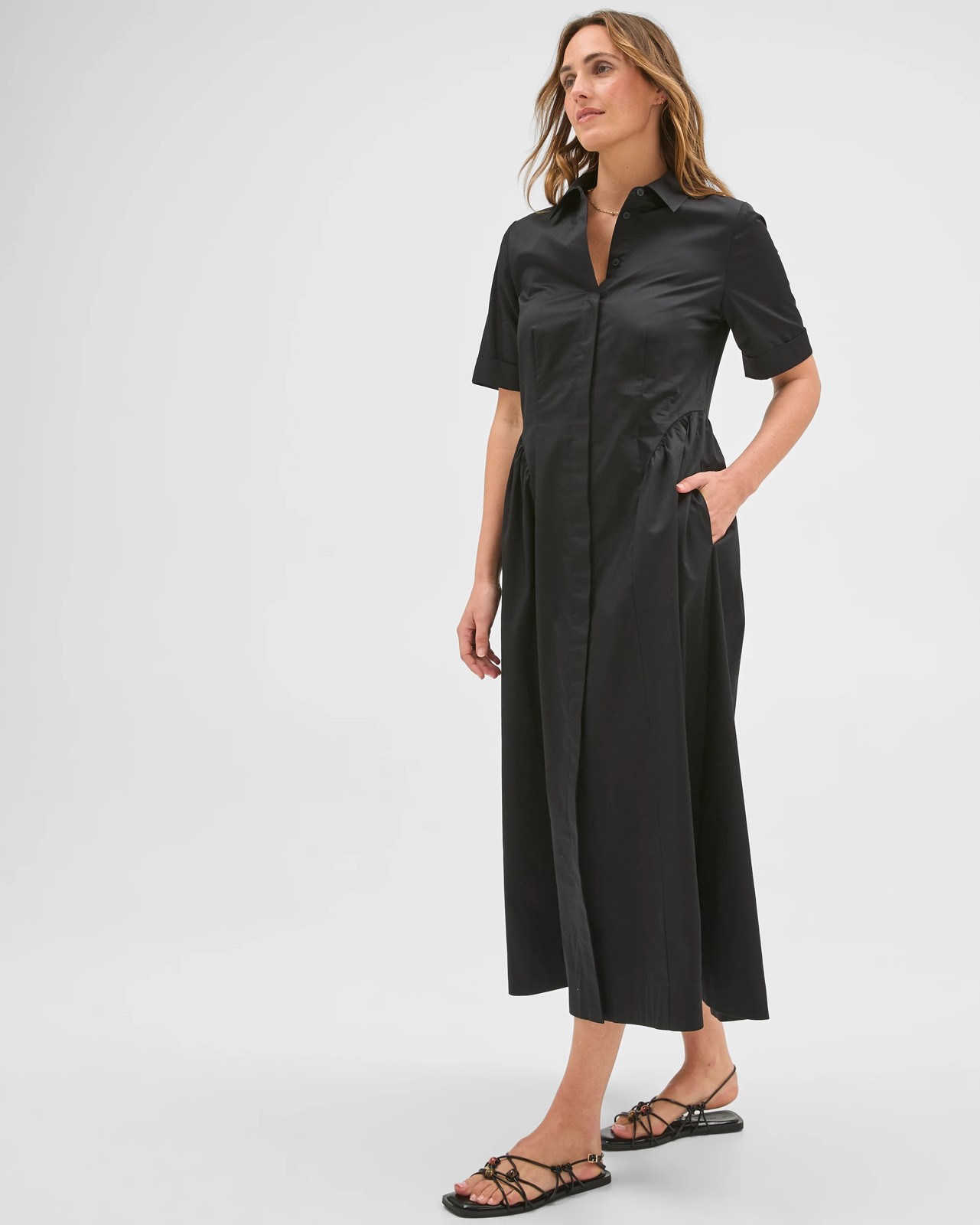 Preview Australian Cotton Volume Midi Shirt Dress - Black 5 of 5