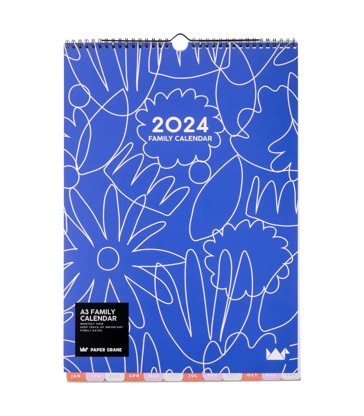 2024 A3 Family Monthly Calendar Blue Floral - Paper Crane