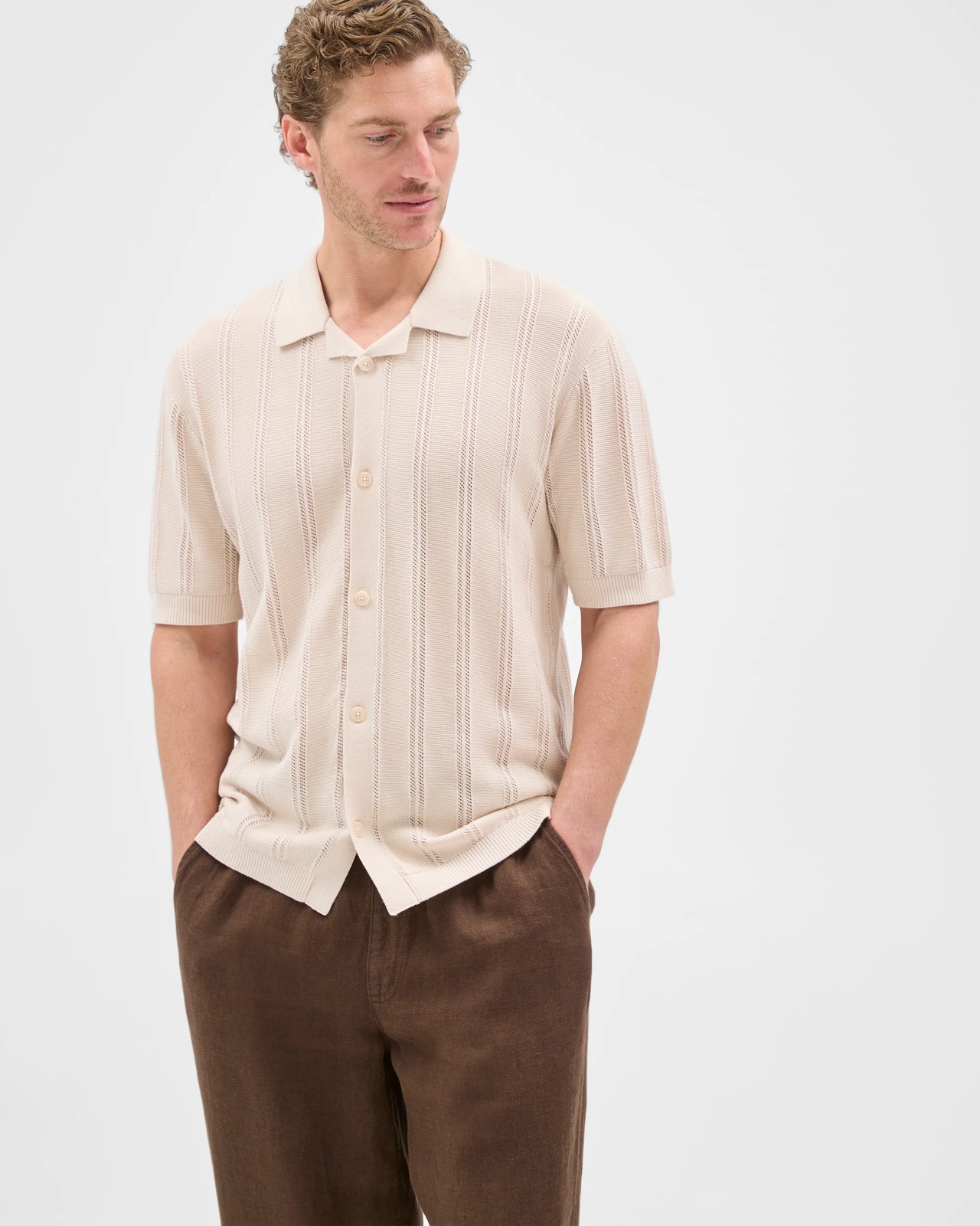 Australian Cotton Short Sleeve Textured Stripe Knit Shirt - Birch Marle 4 of 5