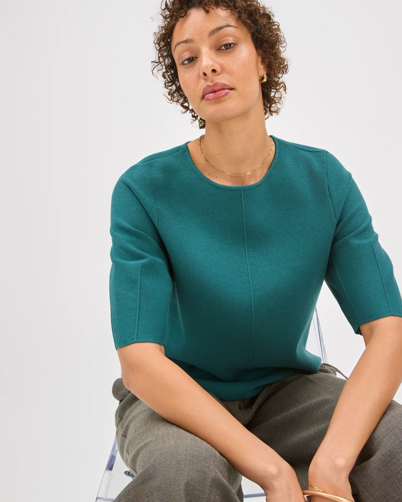 Preview Lantern Short Sleeve Crepe Knit Top - Peacock 4 of 6