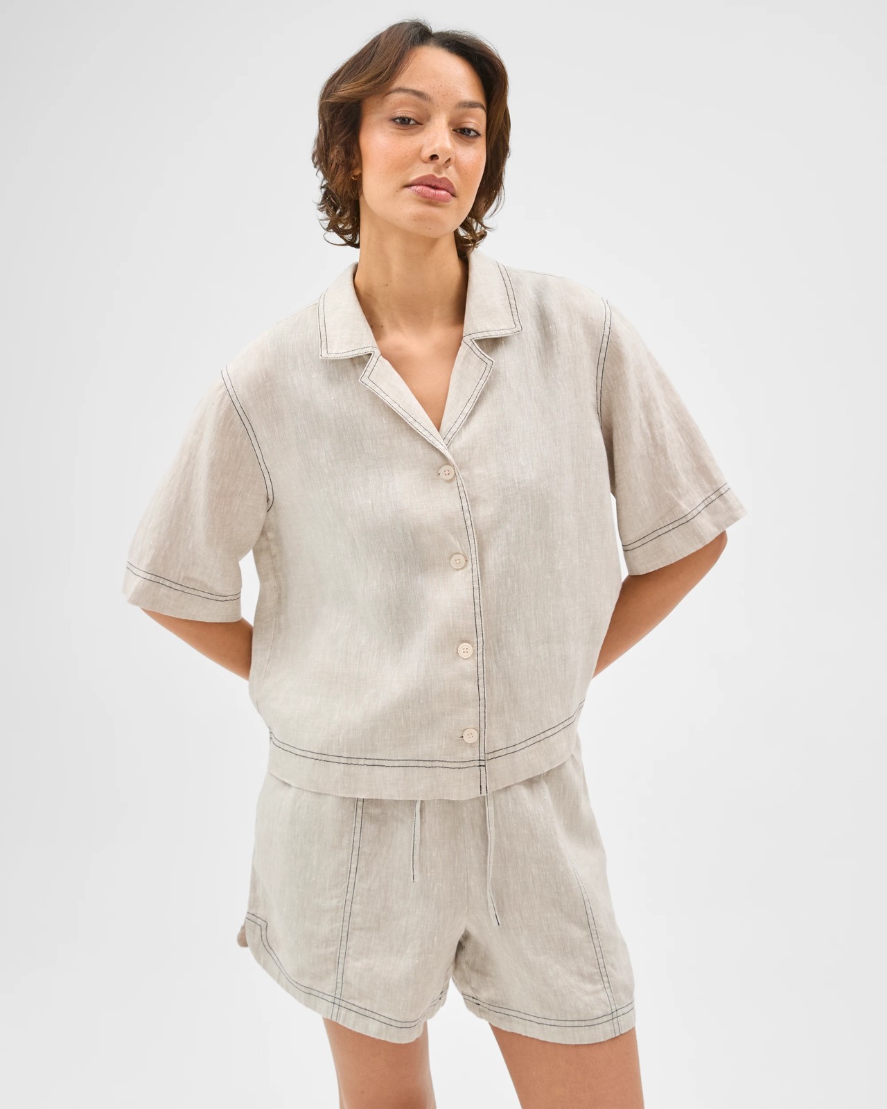 European Linen Short Sleeve Stitch Detail Shirt - Flax Xdye 4 of 5