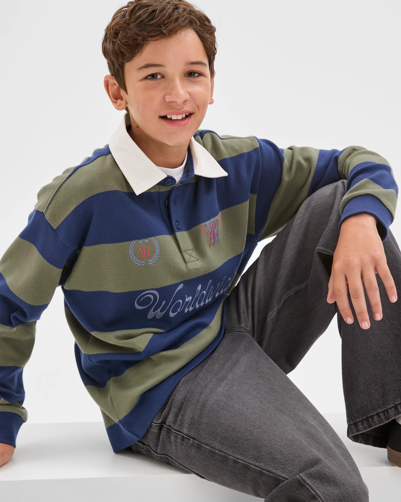 Australian Cotton Stripe Rugby T-Shirt - Gree/Navy 2 of 6