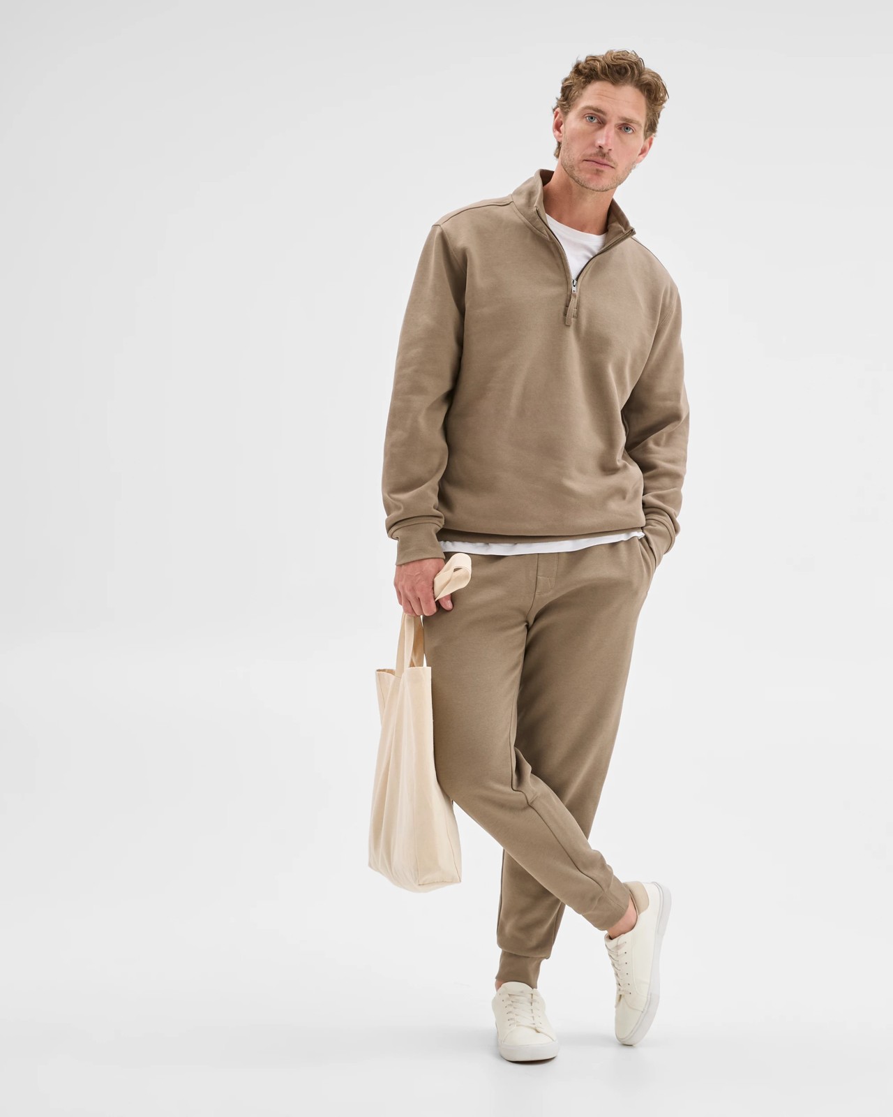 Australian Cotton Blend Fleece Half Zip Top - Mushroom 2 of 6