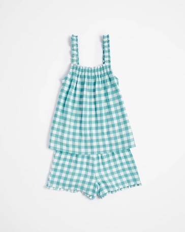 Girls Youth Checkered Cotton Cheesecloth Pyjama Set