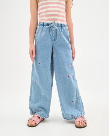 Cotton Embroidered Pull On Wide Leg Denim Pants