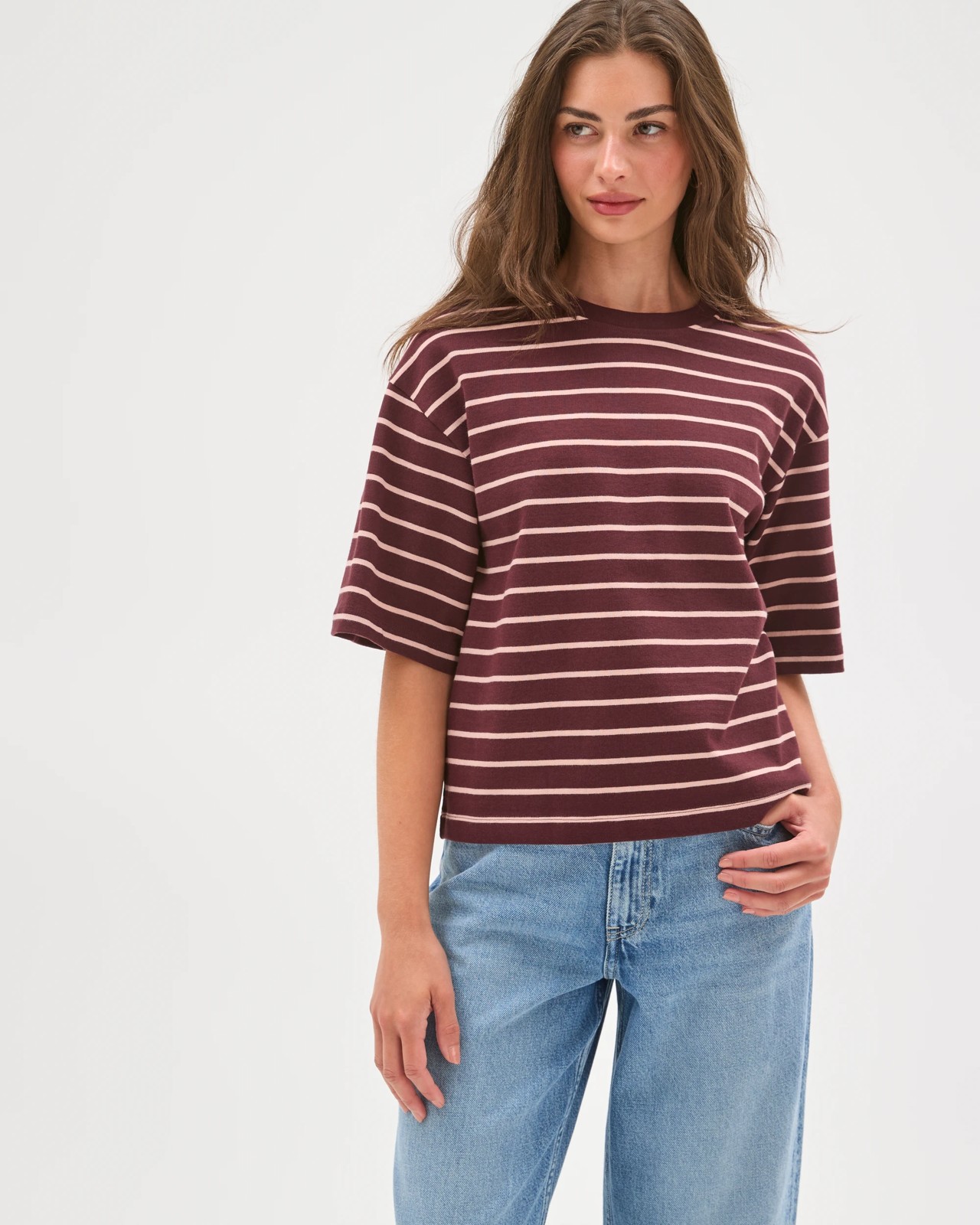 Plus Size Australian Cotton Wide Sleeve Boxy T-Shirt - Burg/Soft Blush 2 of 6