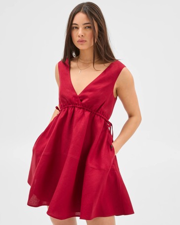 European Linen Blend Cinched Waist Mini Dress - Lily Loves