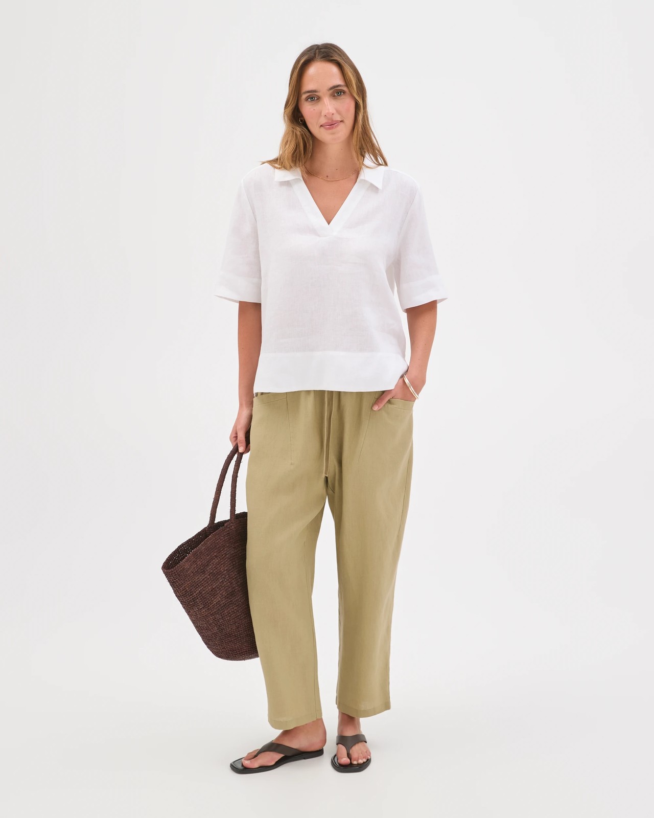 European Linen Short Sleeve A-Line Popover Shirt - White 2 of 6