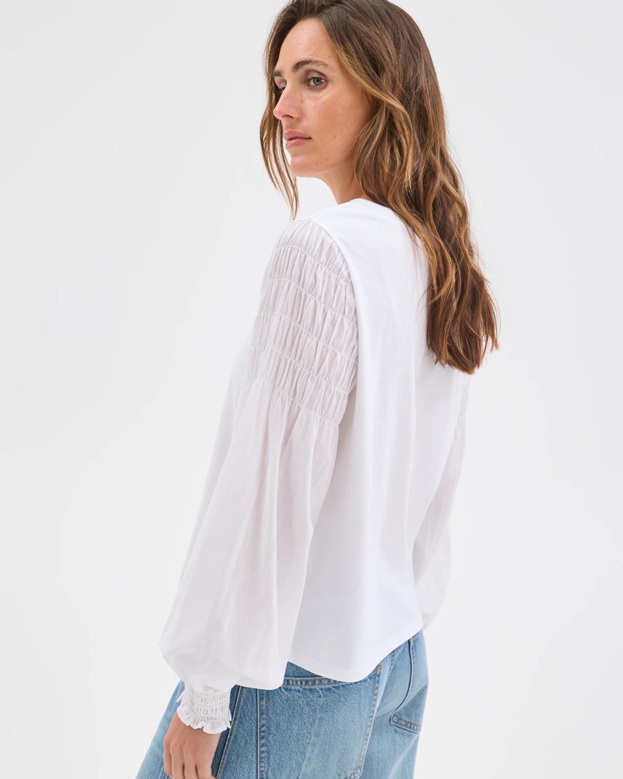 Australian Cotton Long Sleeve Shirred Sleeve Top - Brilliant White 6 of 6