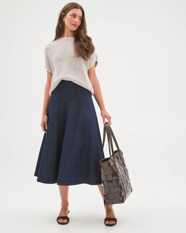 Petites Drop Waist Denim Maxi Skirt