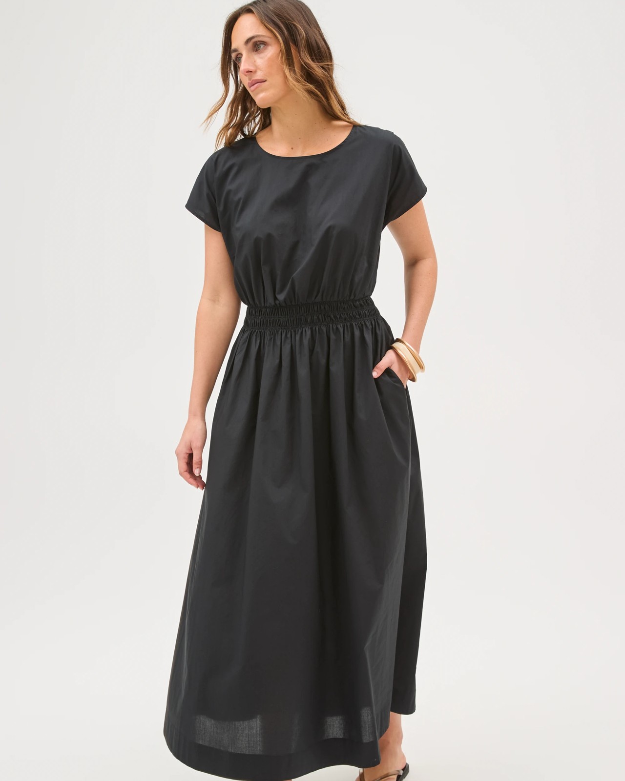 Australian Cotton Poplin Shirred Waist Maxi Dress - Black 4 of 6