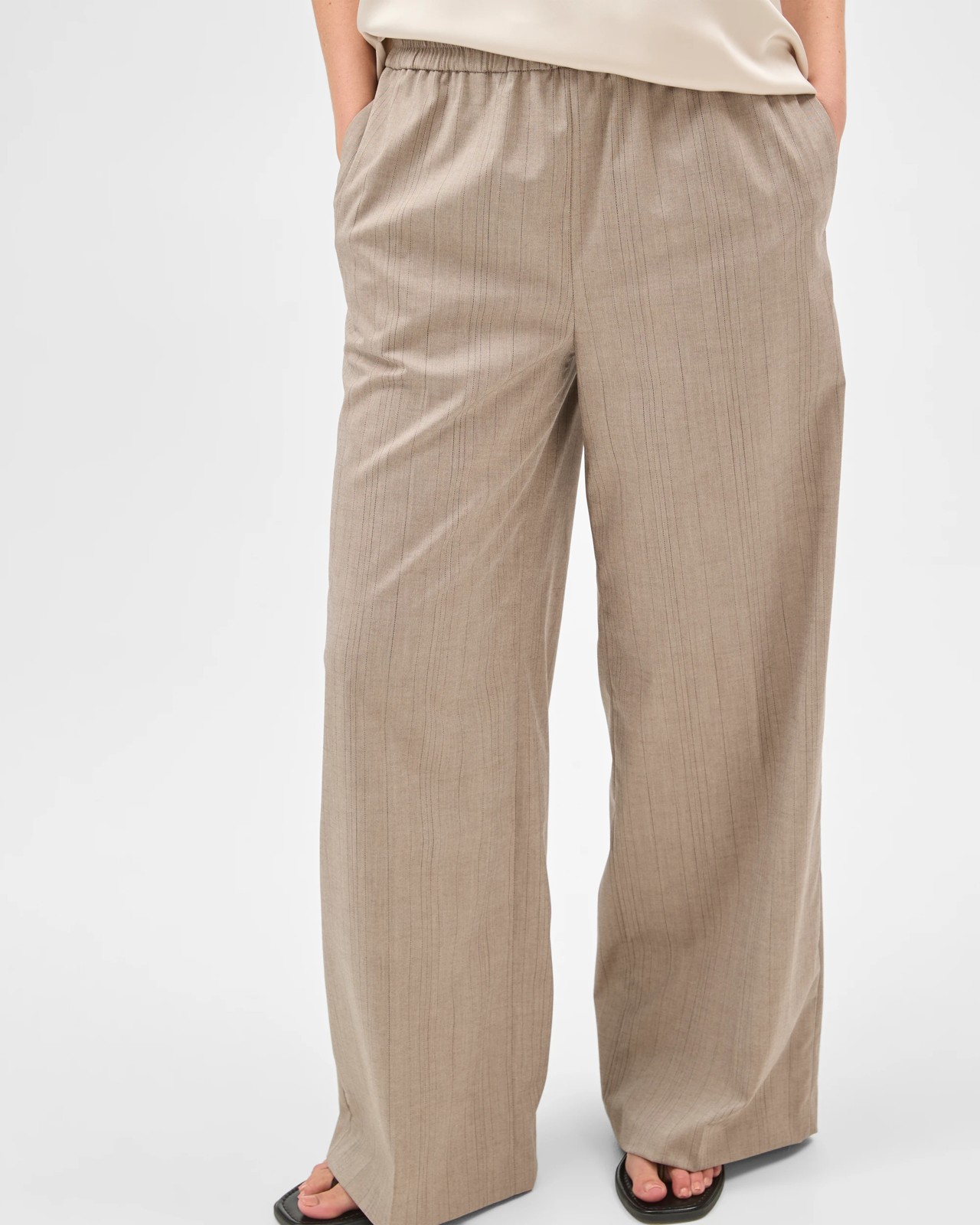 Preview Elastic Waist Tailored Pants - Parchment Broken Stripe 5 of 5