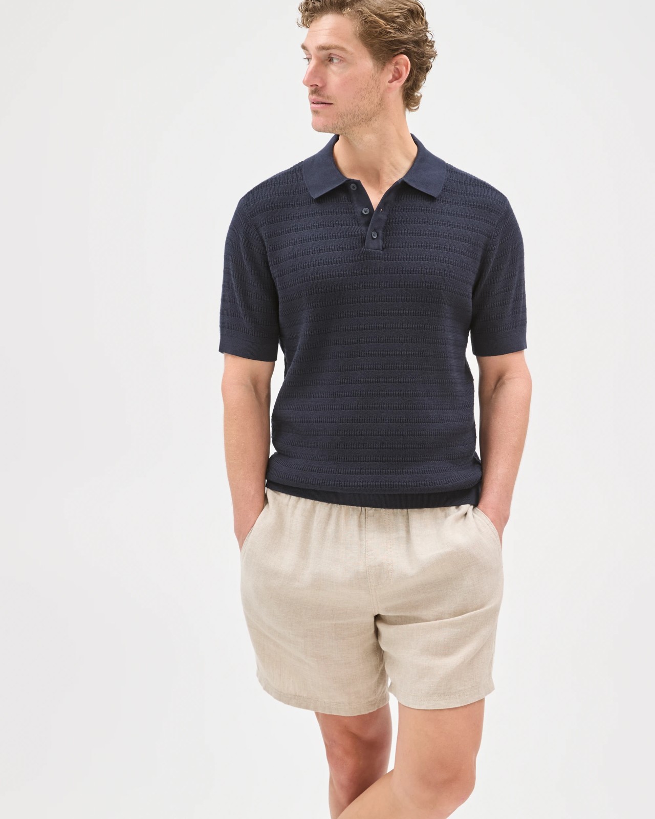 Australian Cotton Patterned Knit Polo Top - Navy 3 of 6