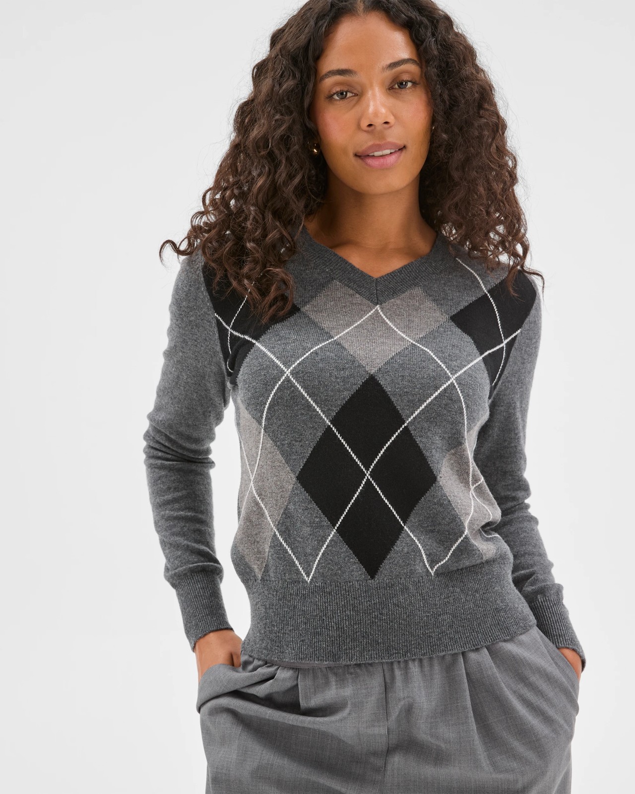 Preview Argyle V-Neck Jumper - Charcoal 2 of 5