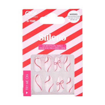 24 Pack Artificial Nails with Adhesive, Stiletto Shape, Christmas Bow - OXX Cosmetics